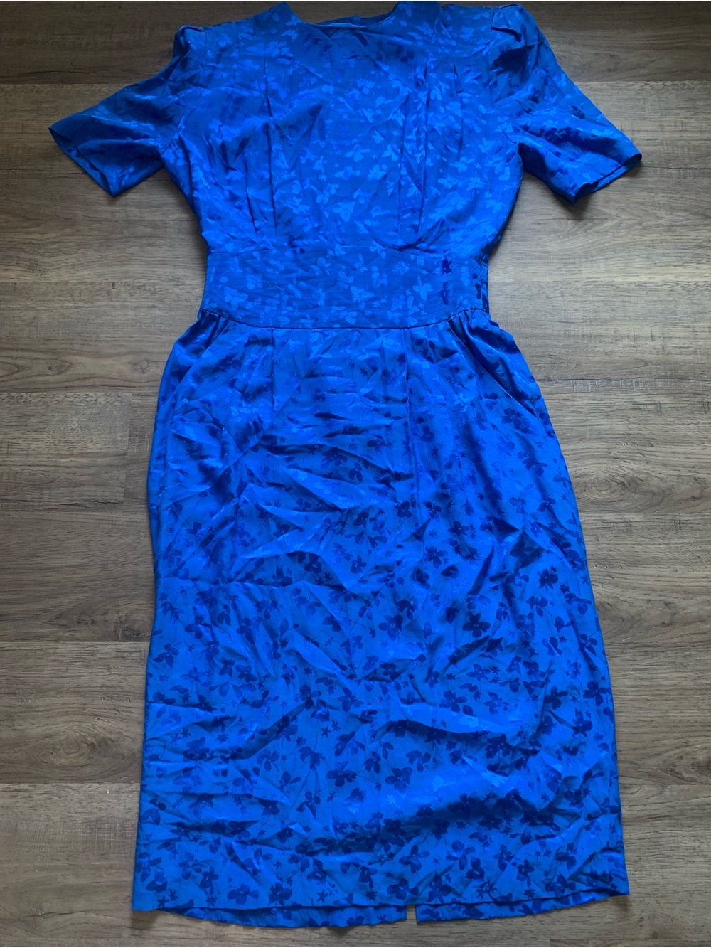 Vintage 100% Silk Courtenay Royal Blue Floral Midi Back Button Up Dress